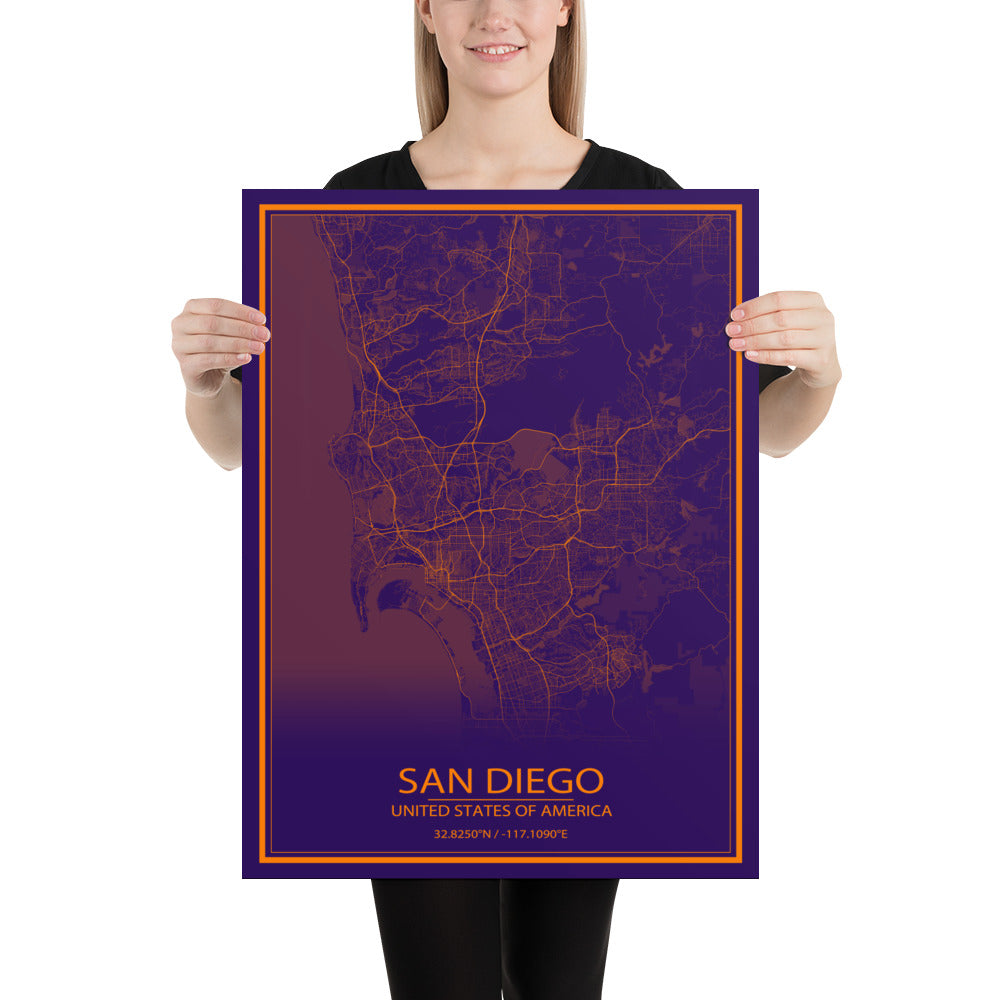 San Diego Purple and Orange Paper Map