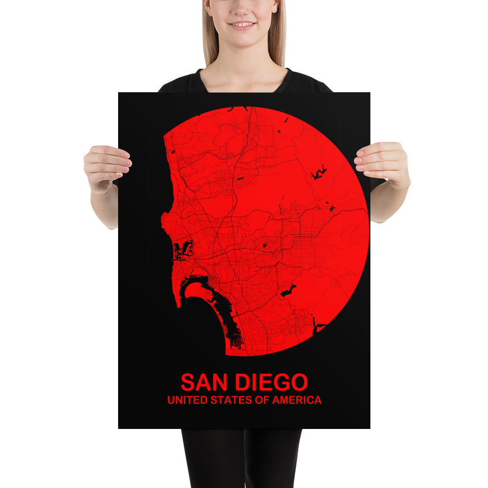 San Diego Circular Red Paper Map