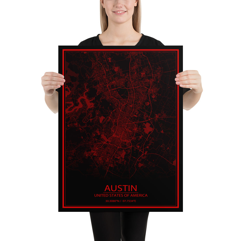 Austin Black and Red Paper Map