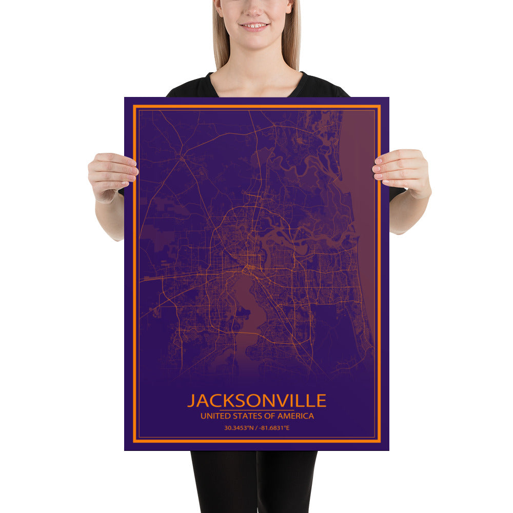 Jacksonville Purple and Orange Paper Map