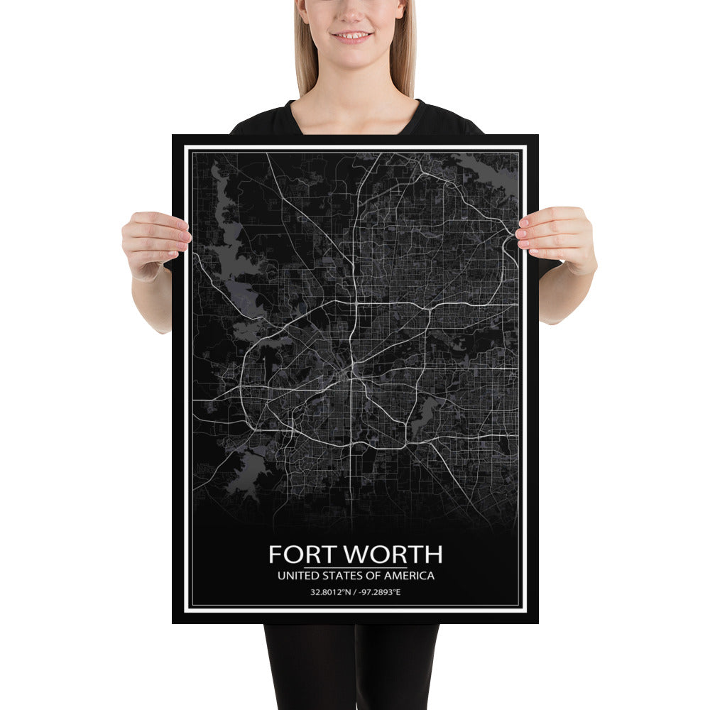 Fort Worth Black Paper Map