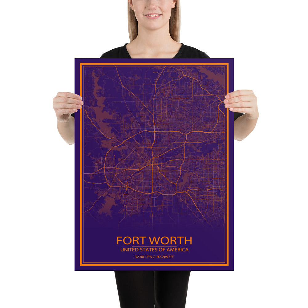 Fort Worth Purple and Orange Paper Map