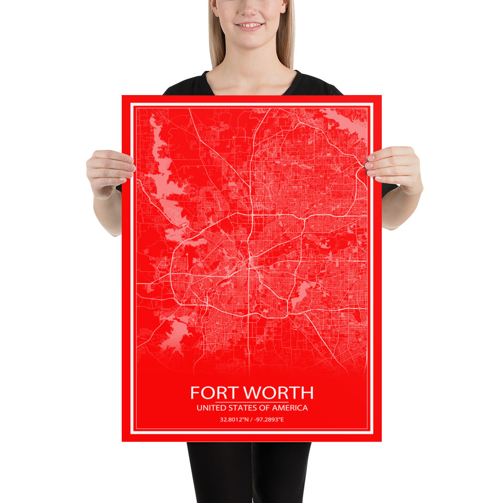 Fort Worth Red and White Paper Map