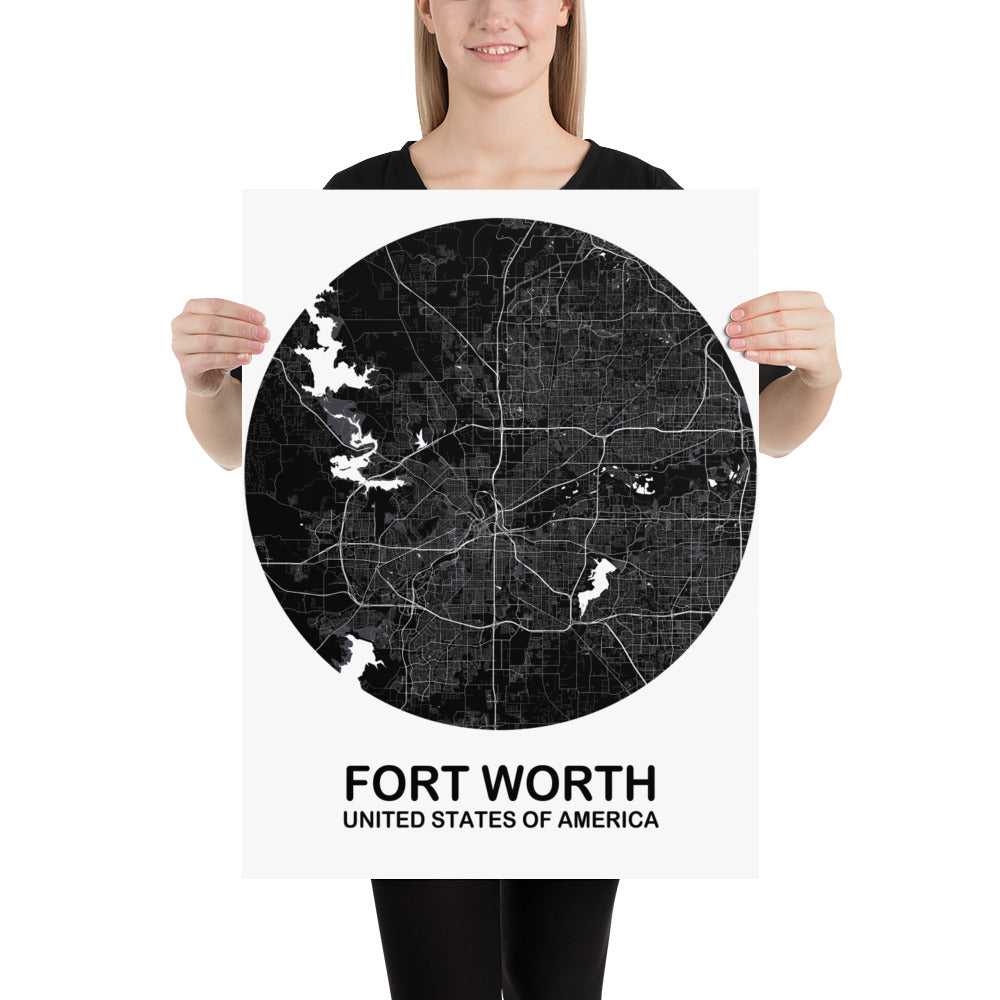 Fort Worth Circular Black Paper Map