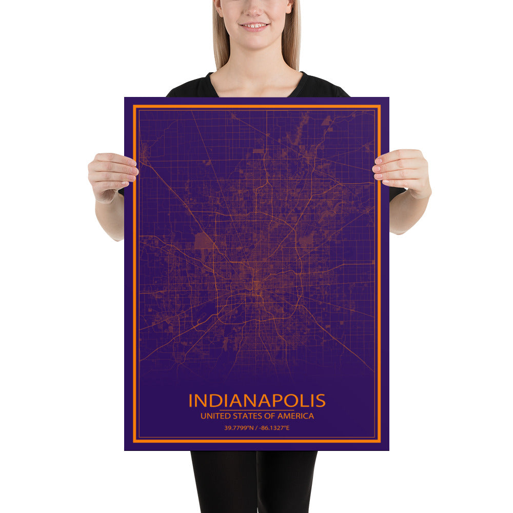 Indianapolis Purple and Orange Paper Map