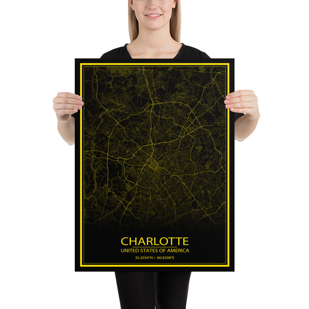 Charlotte Black and Yellow Paper Map