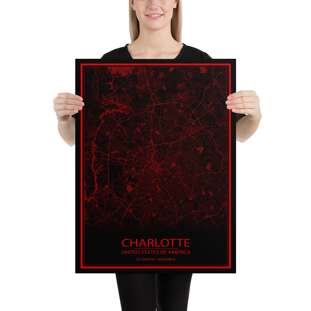 Charlotte Black and Red Paper Map