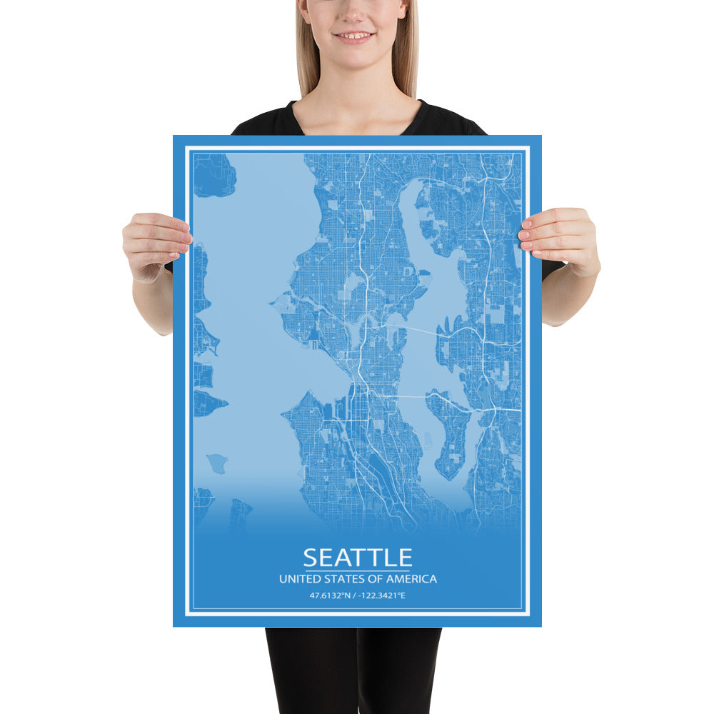 Seattle Blue and White Paper Map