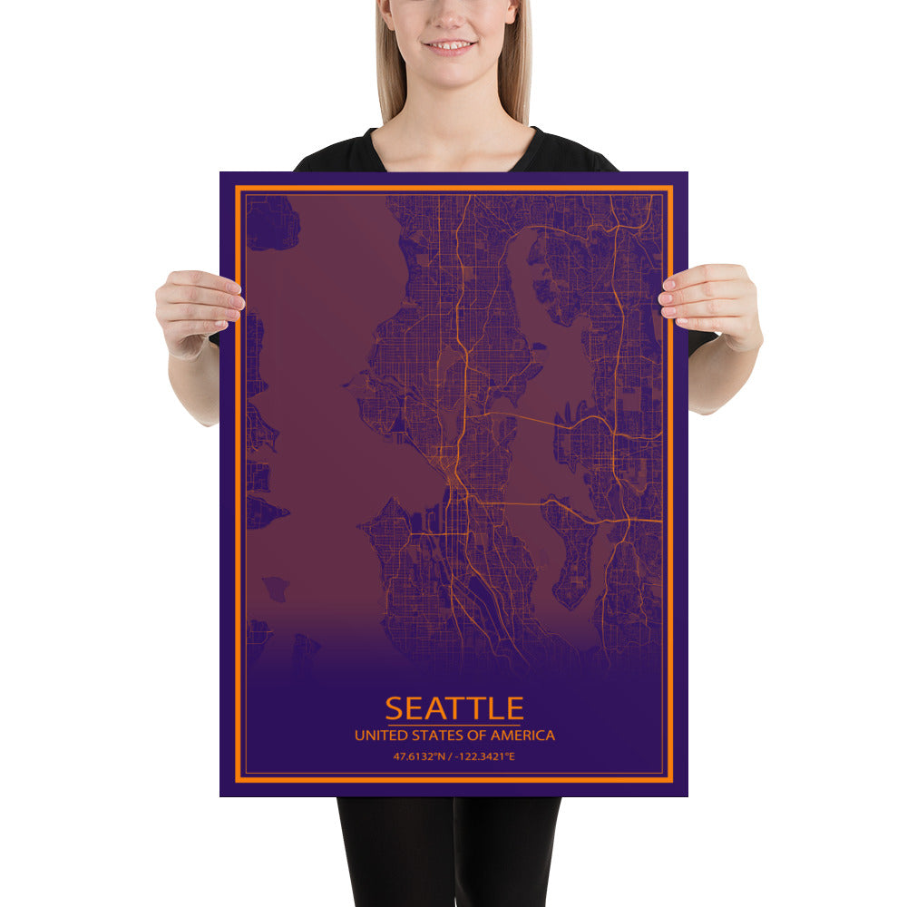 Seattle Purple and Orange Paper Map