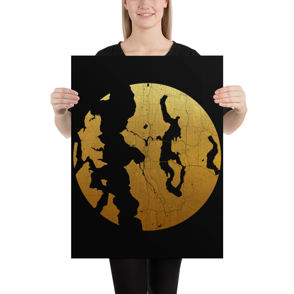 Seattle Gold on Black Paper Map