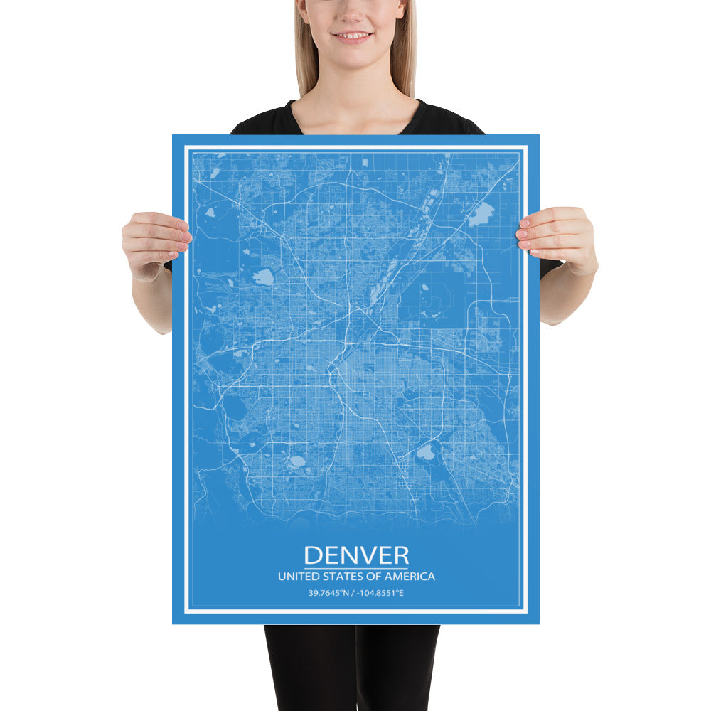 Denver Blue and White Paper Map