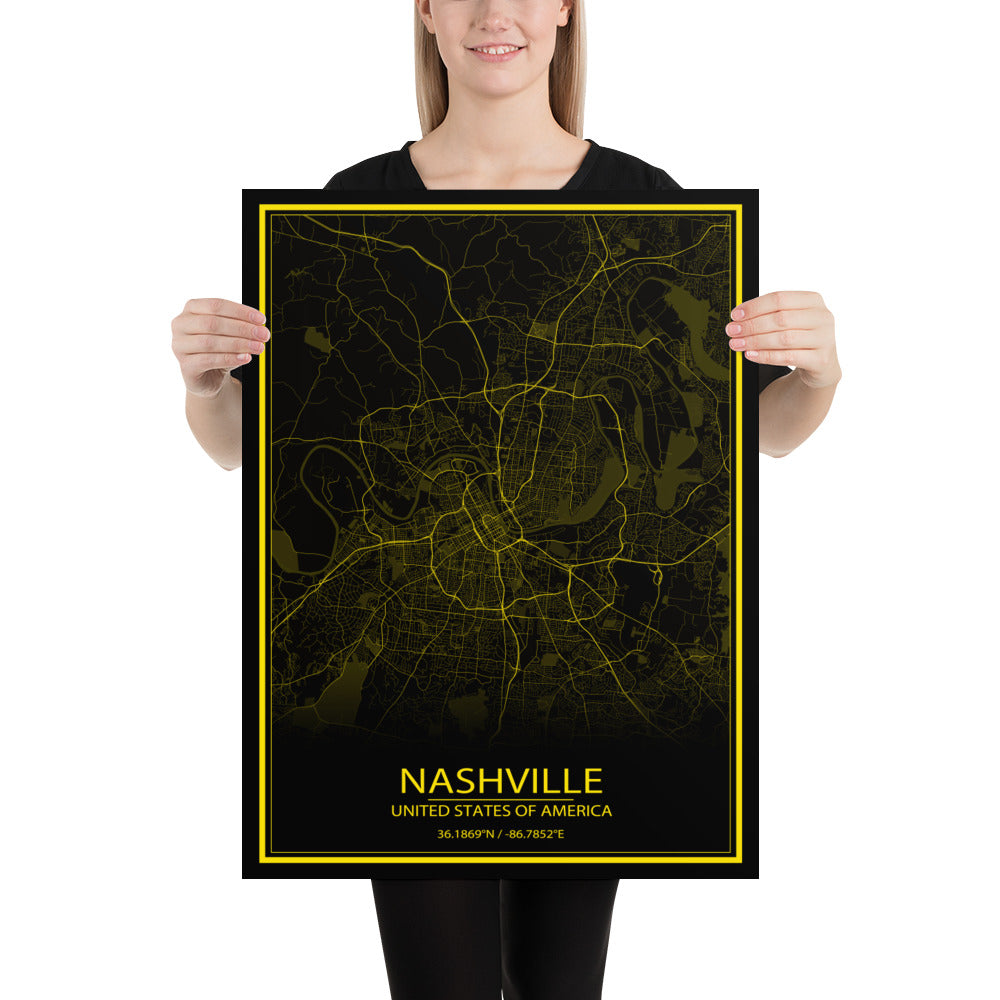 Nashville Black and Yellow Paper Map