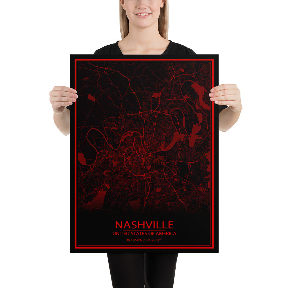 Nashville Black and Red Paper Map