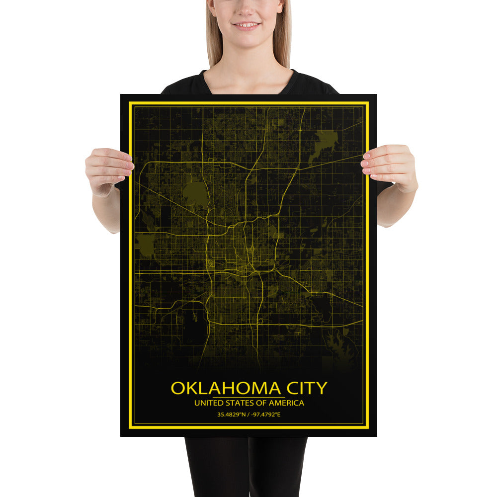 Oklahoma City Black and Yellow Paper Map