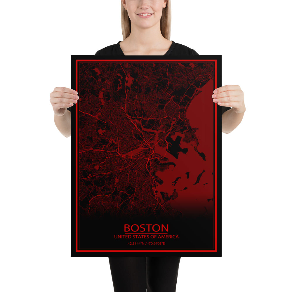 Boston Black and Red Paper Map