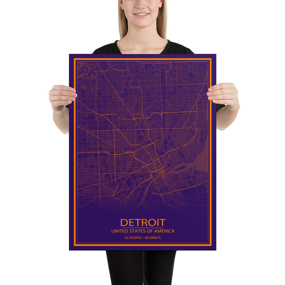 Detroit Purple and Orange Paper Map