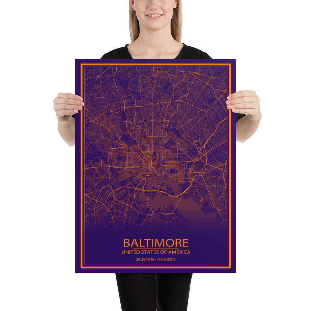 Baltimore Purple and Orange Paper Map