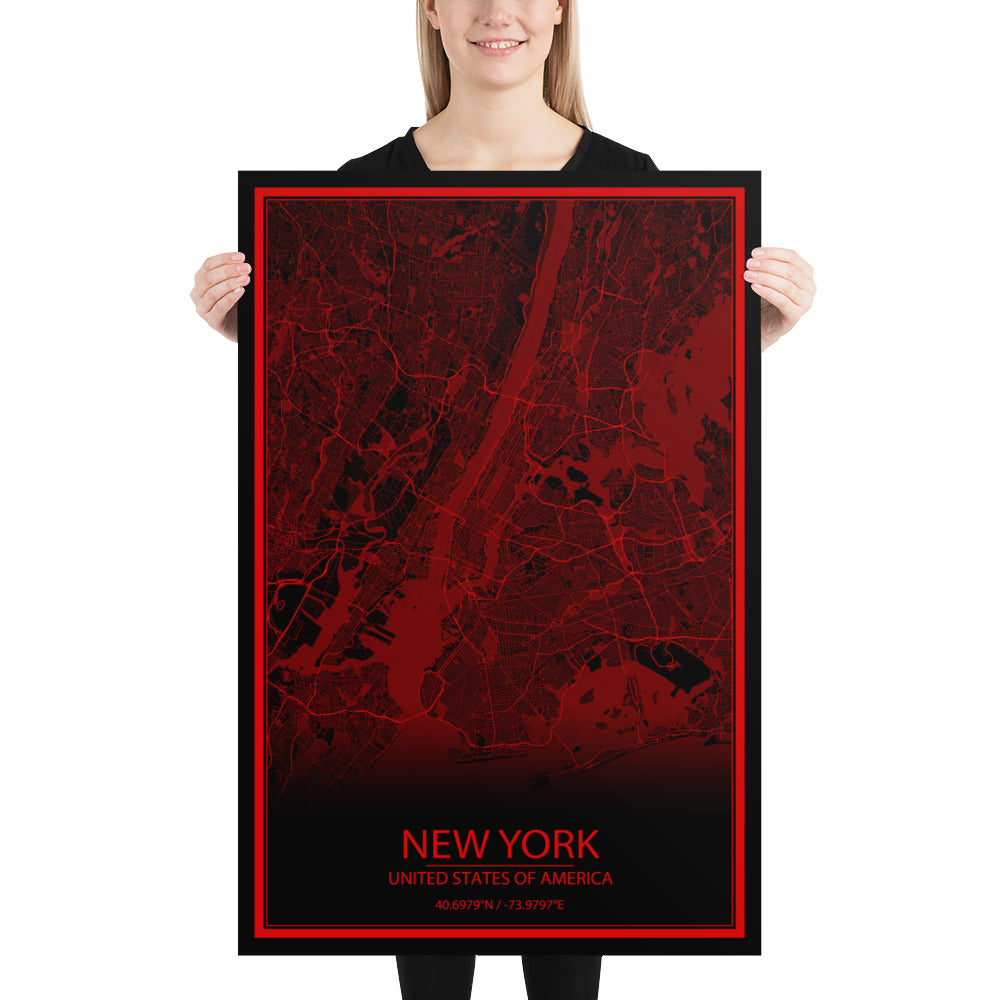 New York Black and Red Paper Map