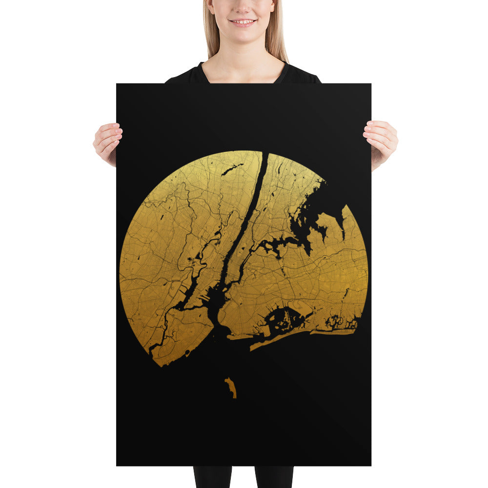 New York Gold on Black Paper Map