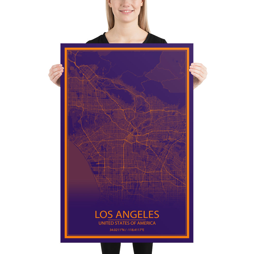 Los Angeles Purple and Orange Paper Map