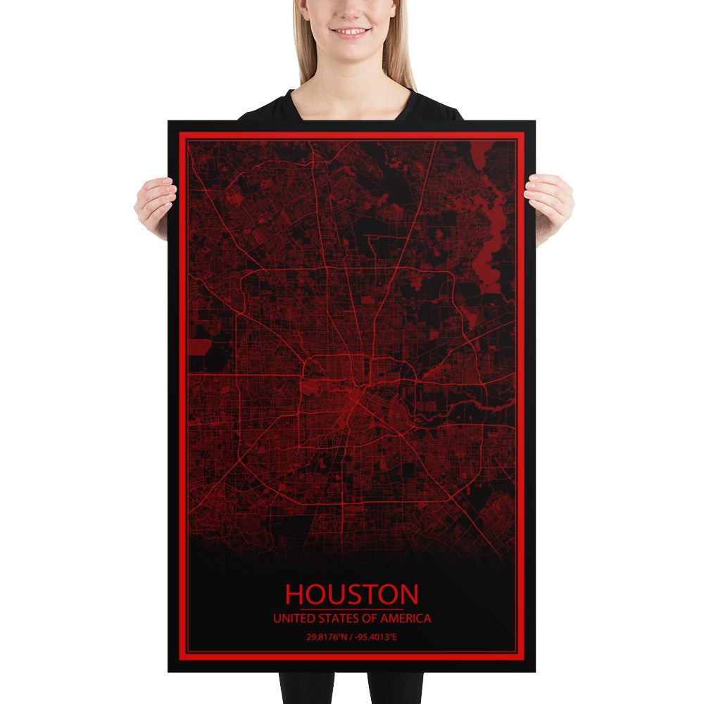 Houston Black and Red Paper Map