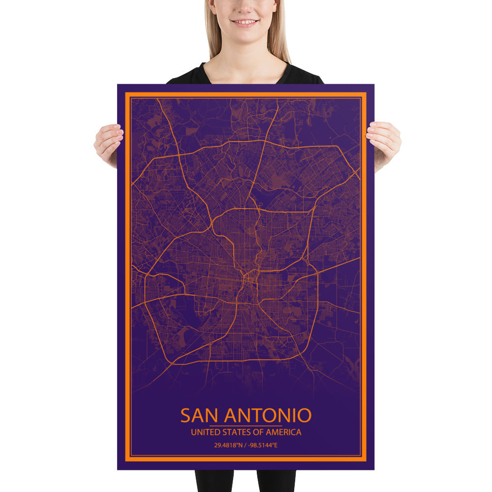 San Antonio Purple and Orange Paper Map