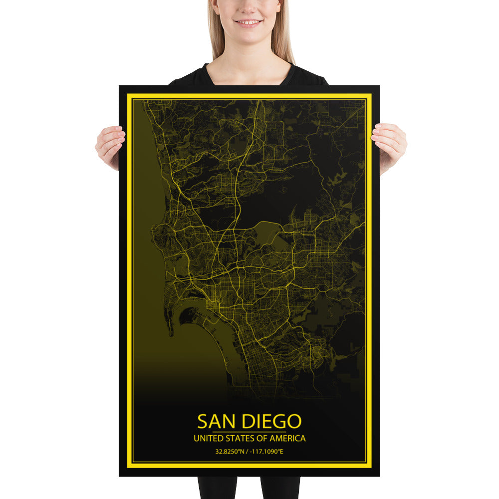 San Diego Black and Yellow Paper Map