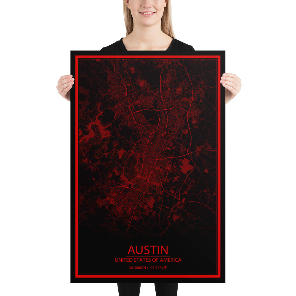 Austin Black and Red Paper Map