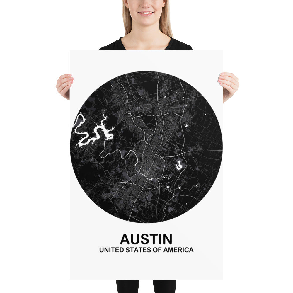 Austin Circular Black Paper Map