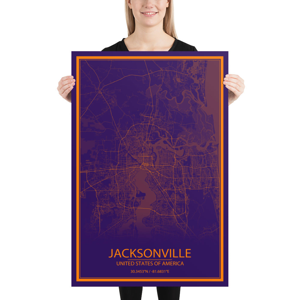 Jacksonville Purple and Orange Paper Map