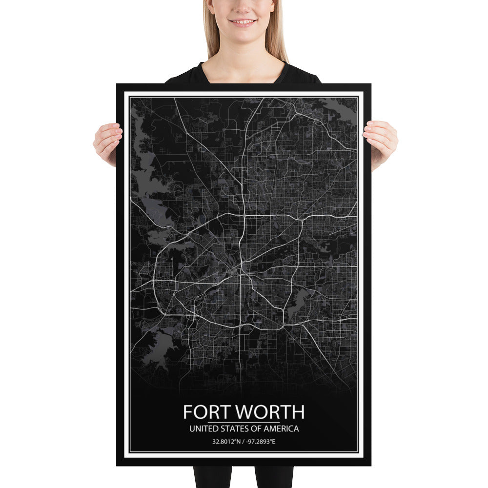 Fort Worth Black Paper Map