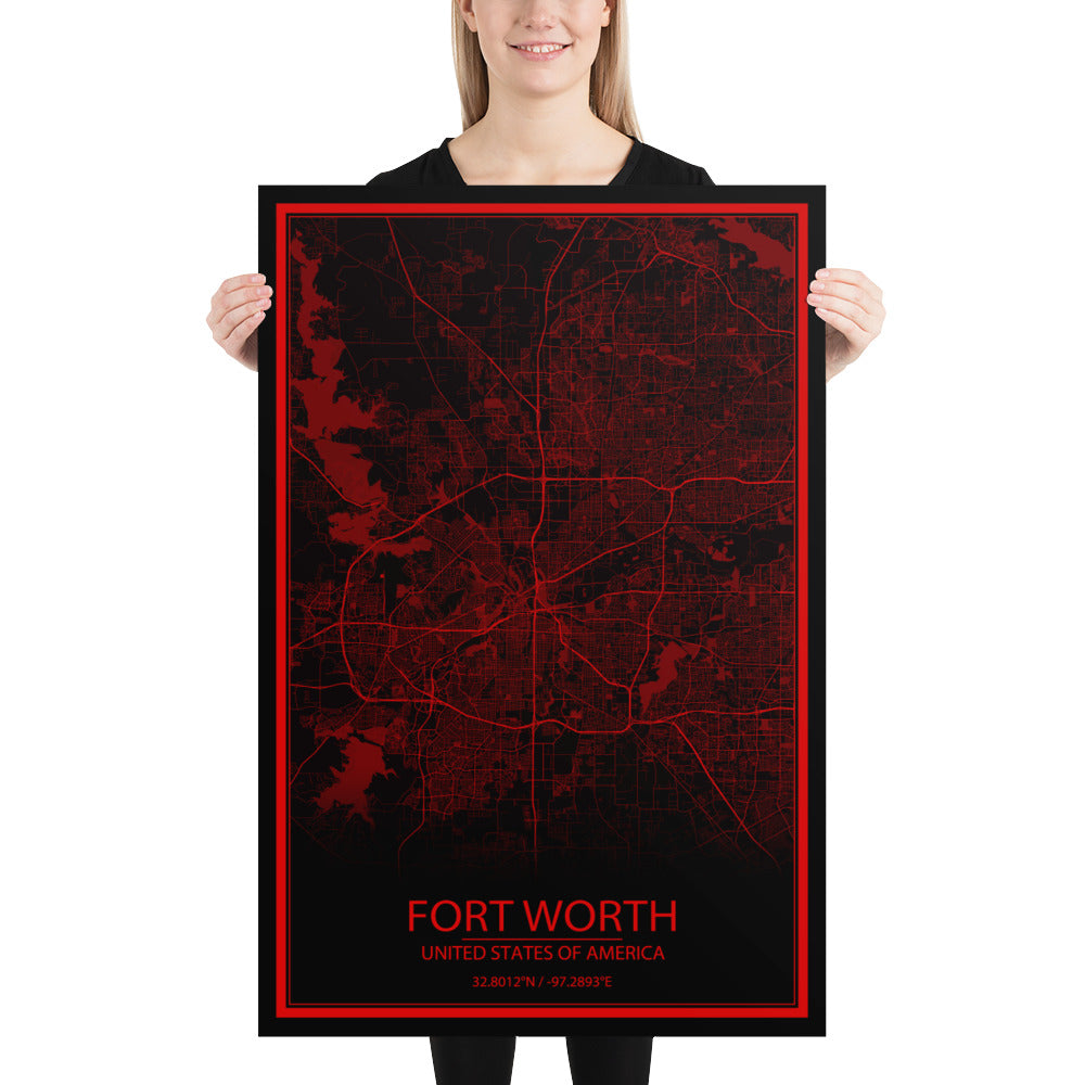 Fort Worth Black and Red Paper Map