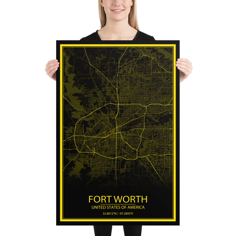 Fort Worth Black and Yellow Paper Map