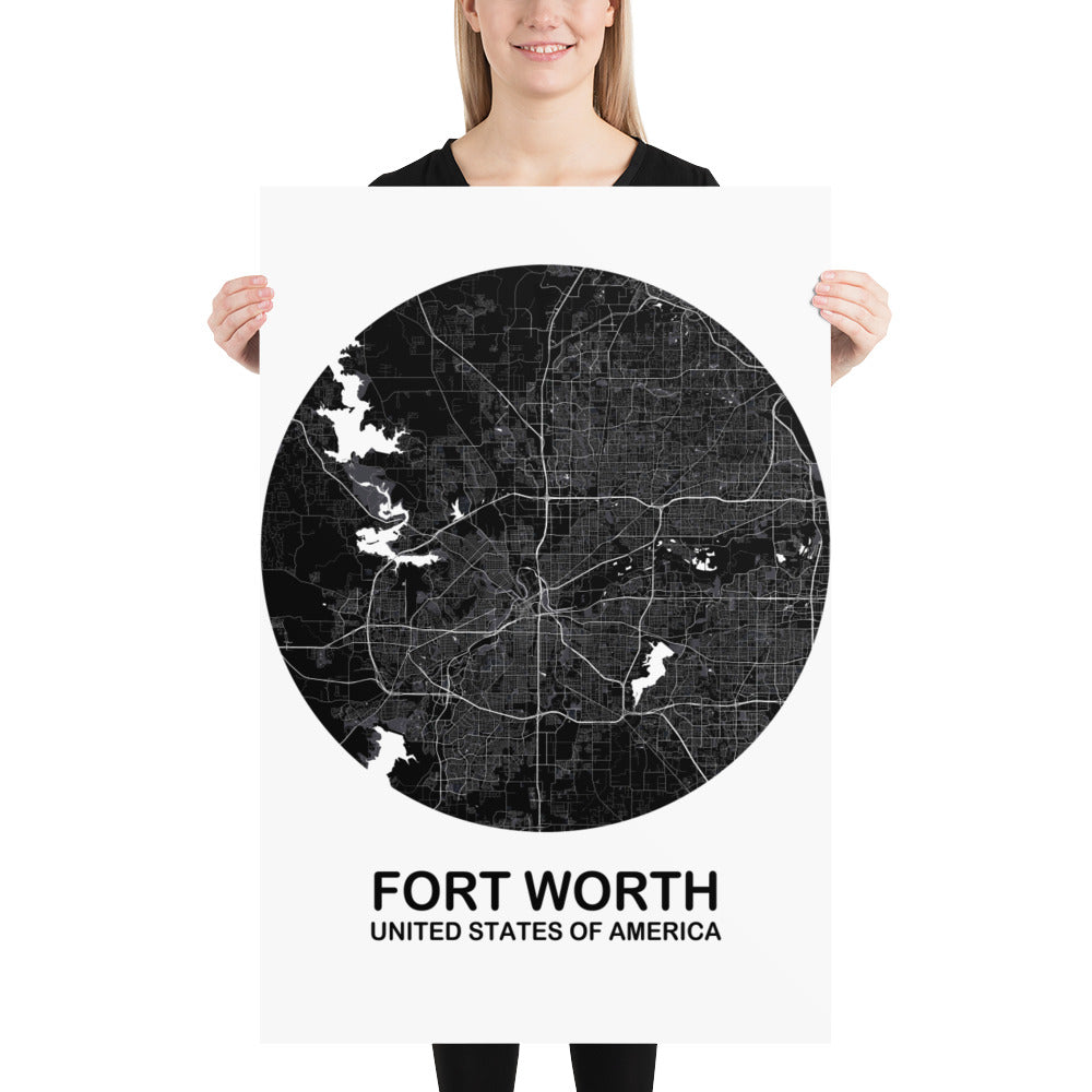 Fort Worth Circular Black Paper Map