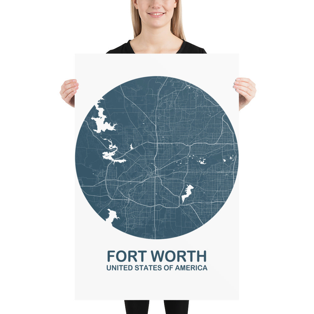 Fort Worth Circular Blue Paper Map