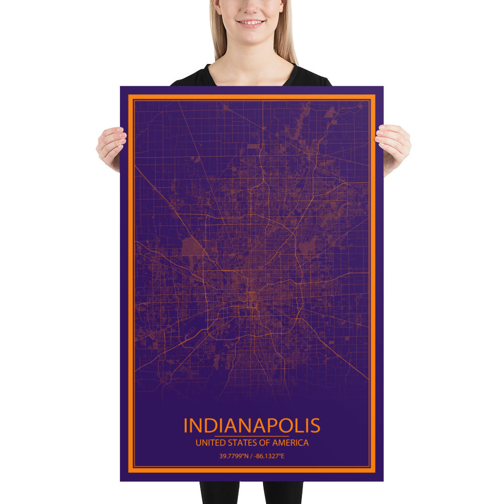 Indianapolis Purple and Orange Paper Map