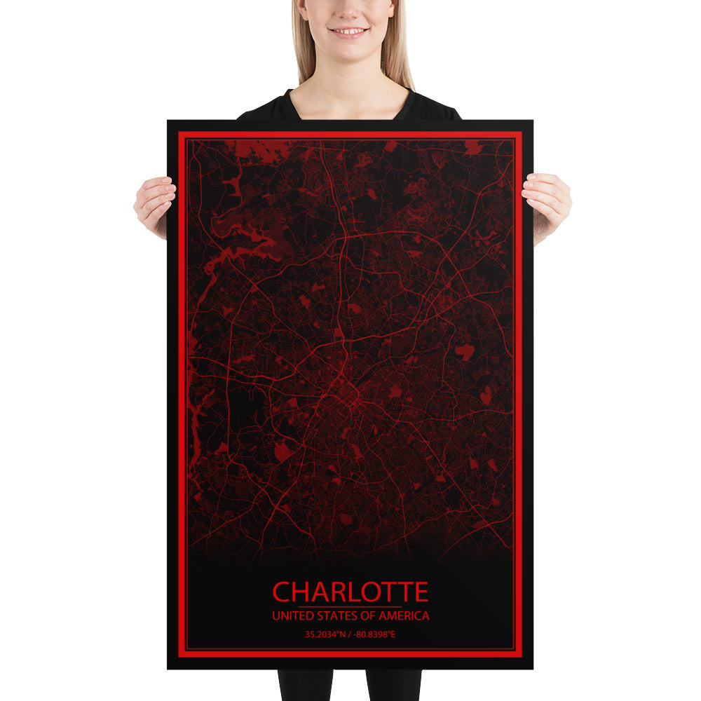 Charlotte Black and Red Paper Map