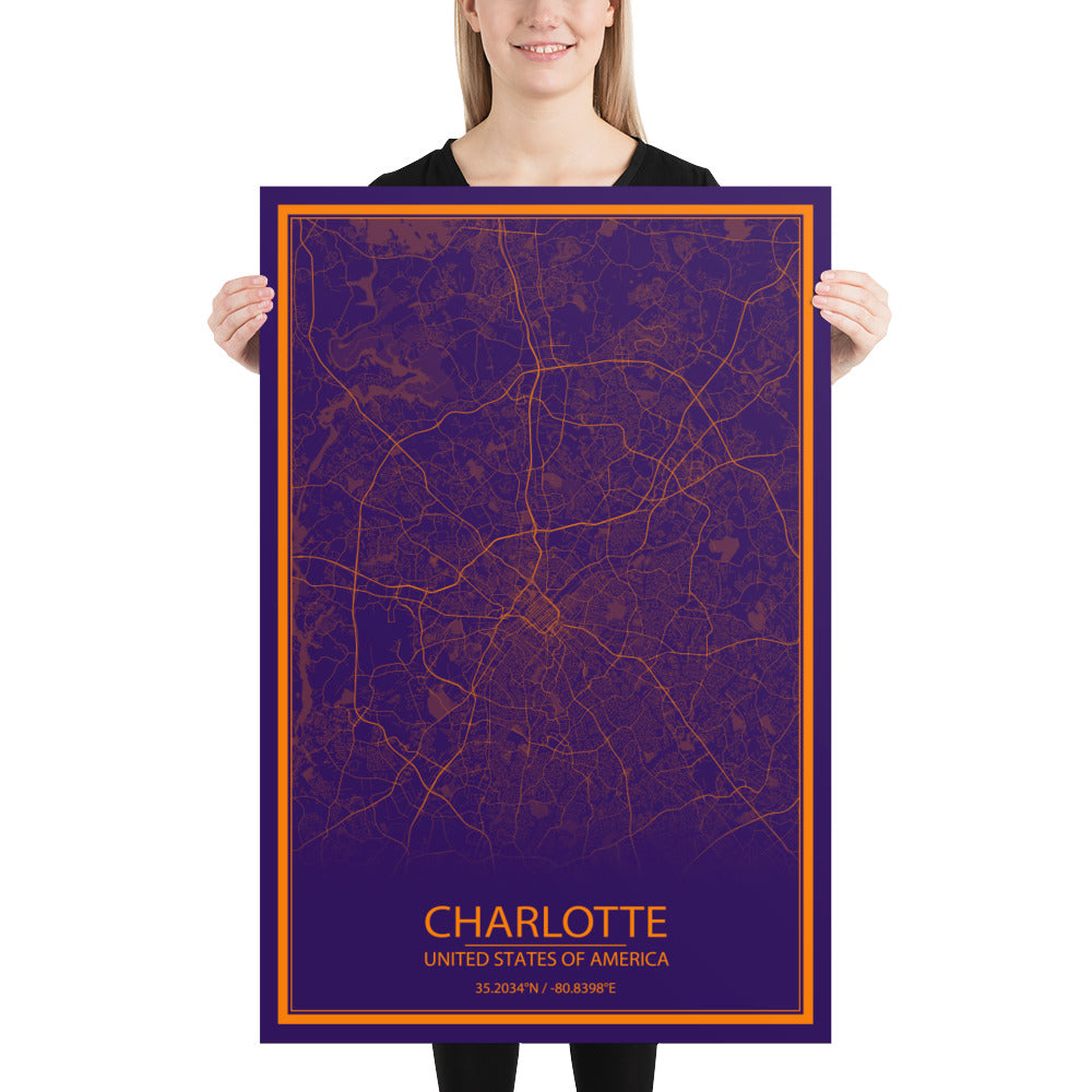 Charlotte Purple and Orange Paper Map