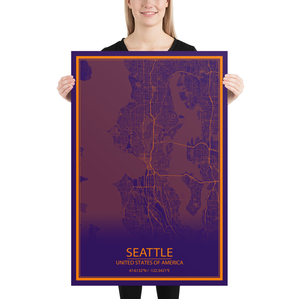 Seattle Purple and Orange Paper Map