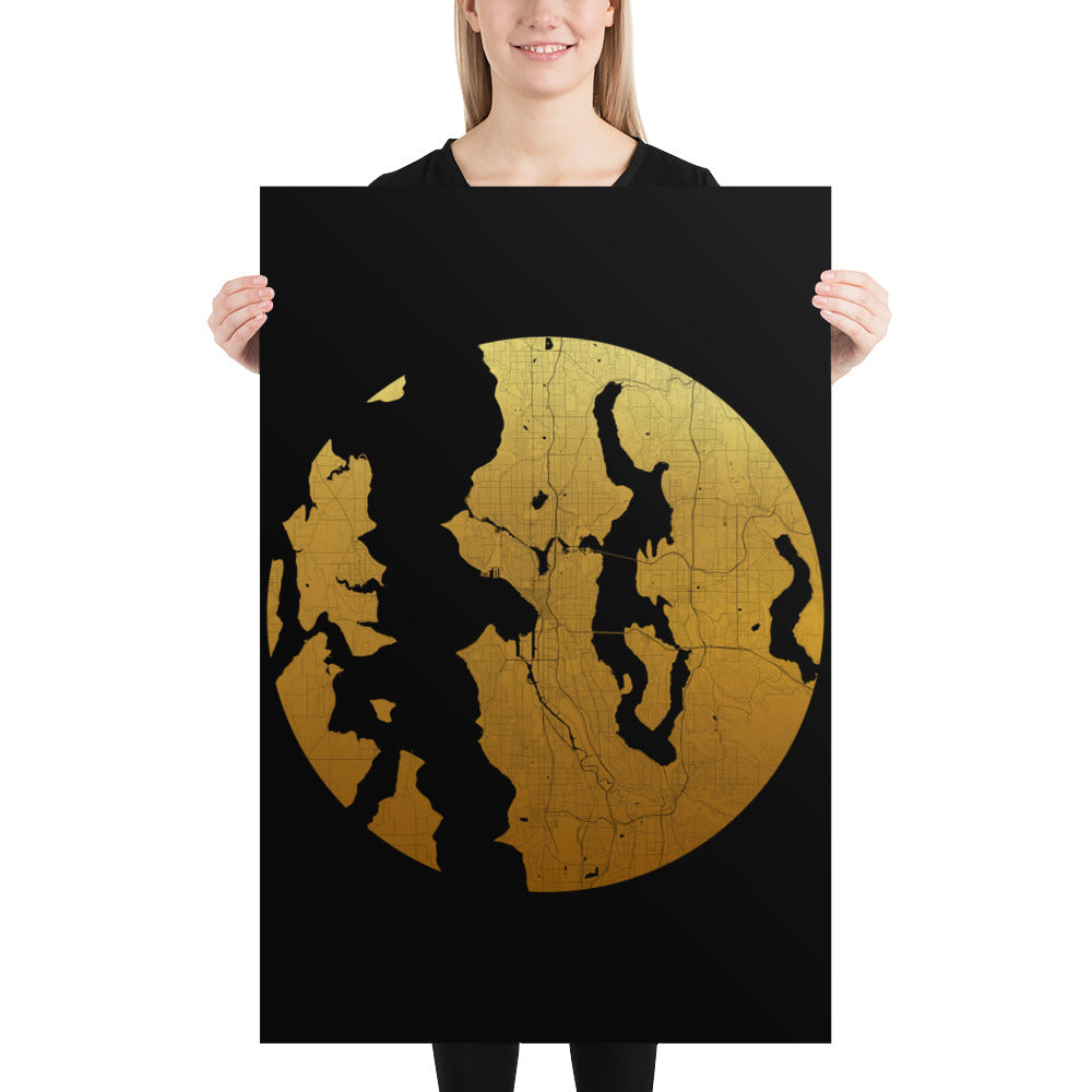 Seattle Gold on Black Paper Map