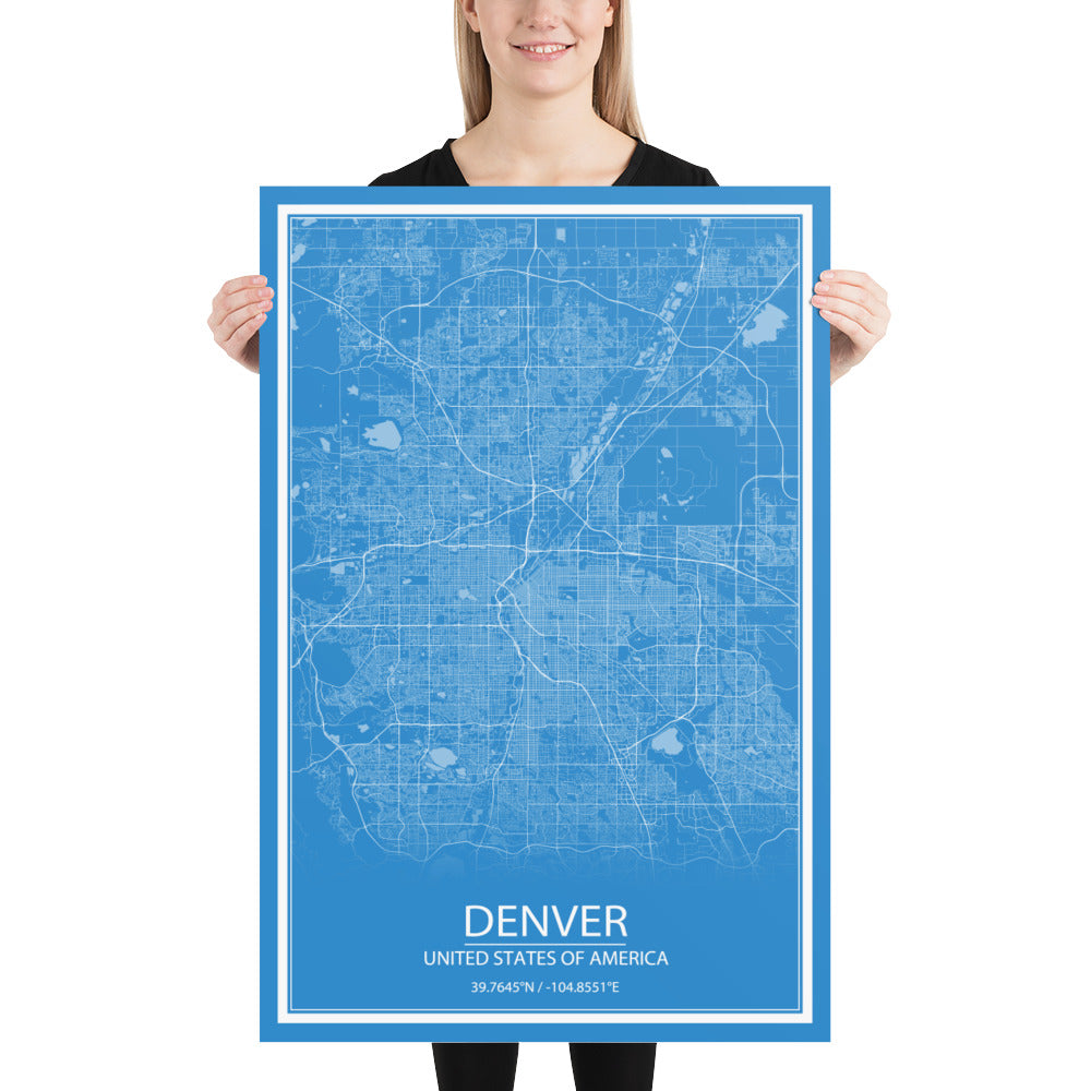 Denver Blue and White Paper Map