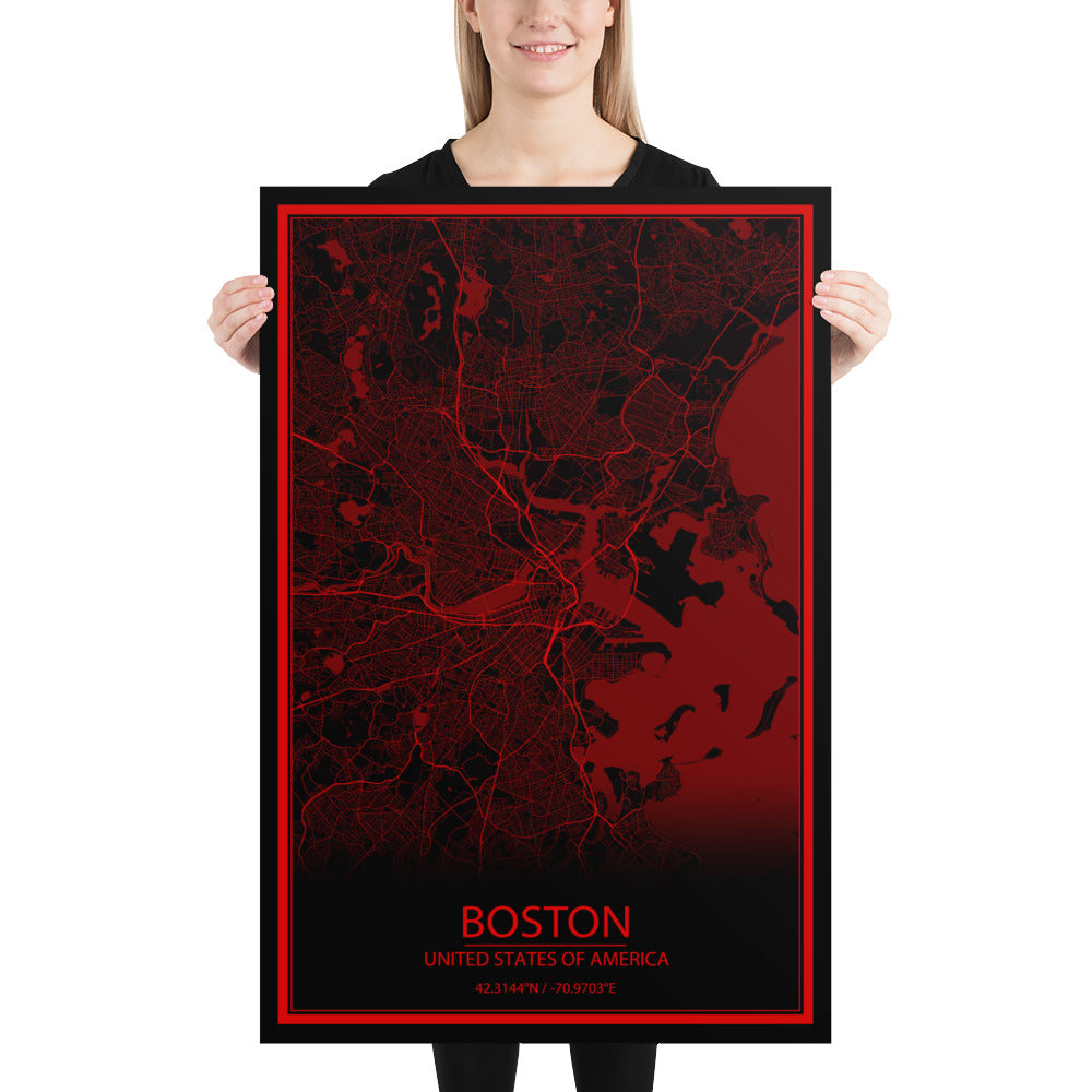 Boston Black and Red Paper Map