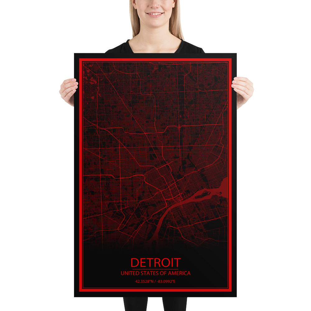 Detroit Black and Red Paper Map