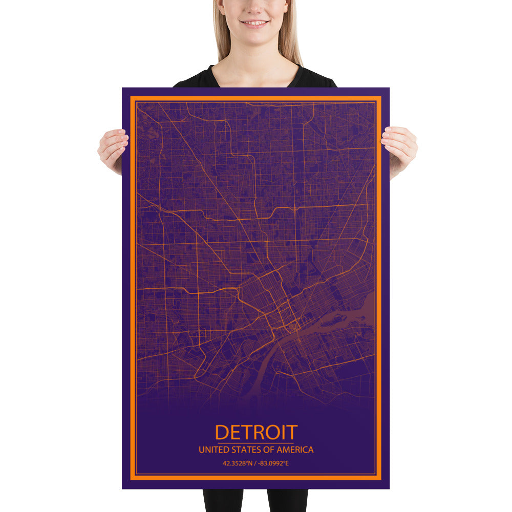 Detroit Purple and Orange Paper Map