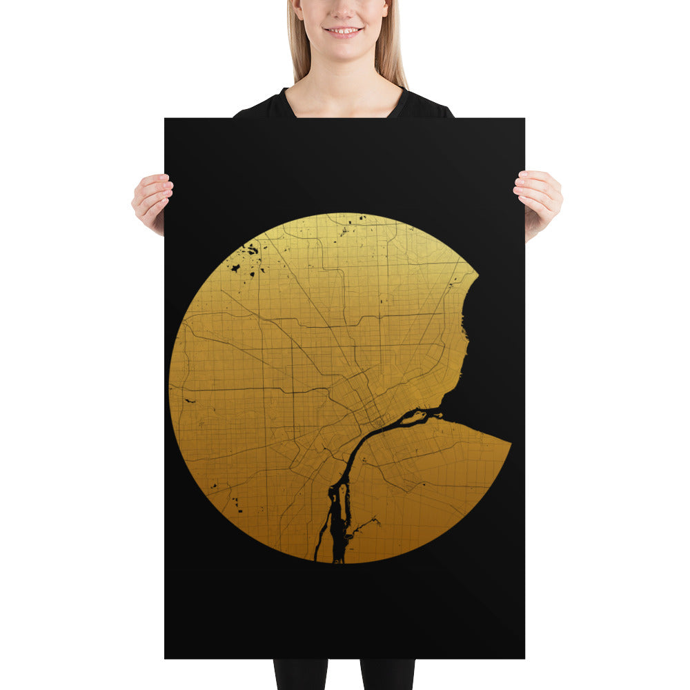 Detroit Gold on Black Paper Map