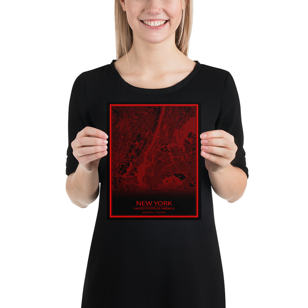 New York Black and Red Paper Map