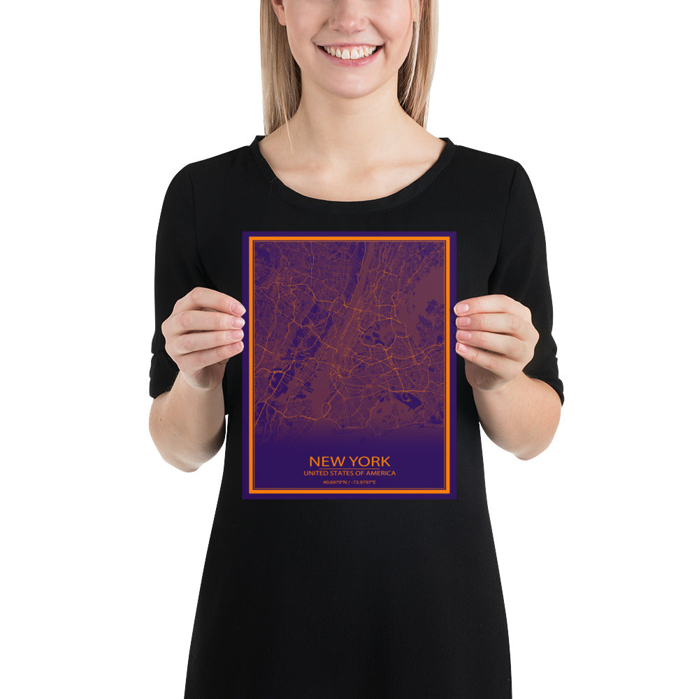 New York Purple and Orange Paper Map