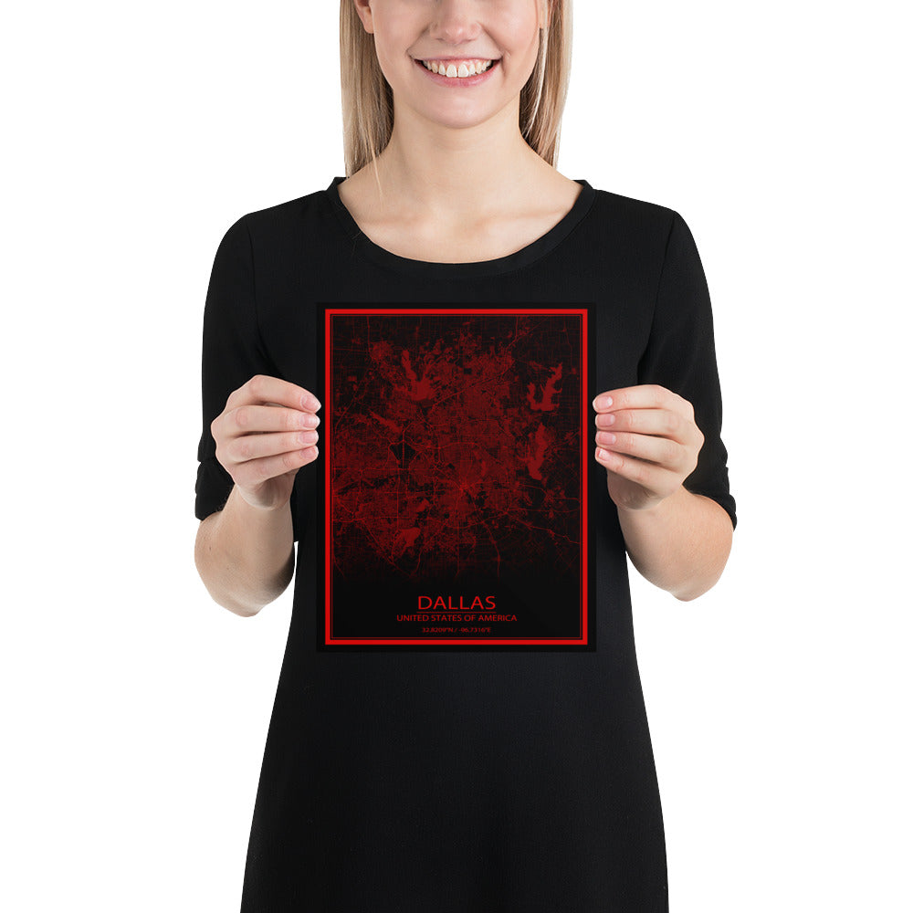 Dallas Black and Red Paper Map