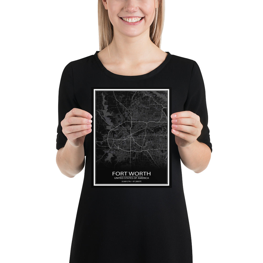 Fort Worth Black Paper Map