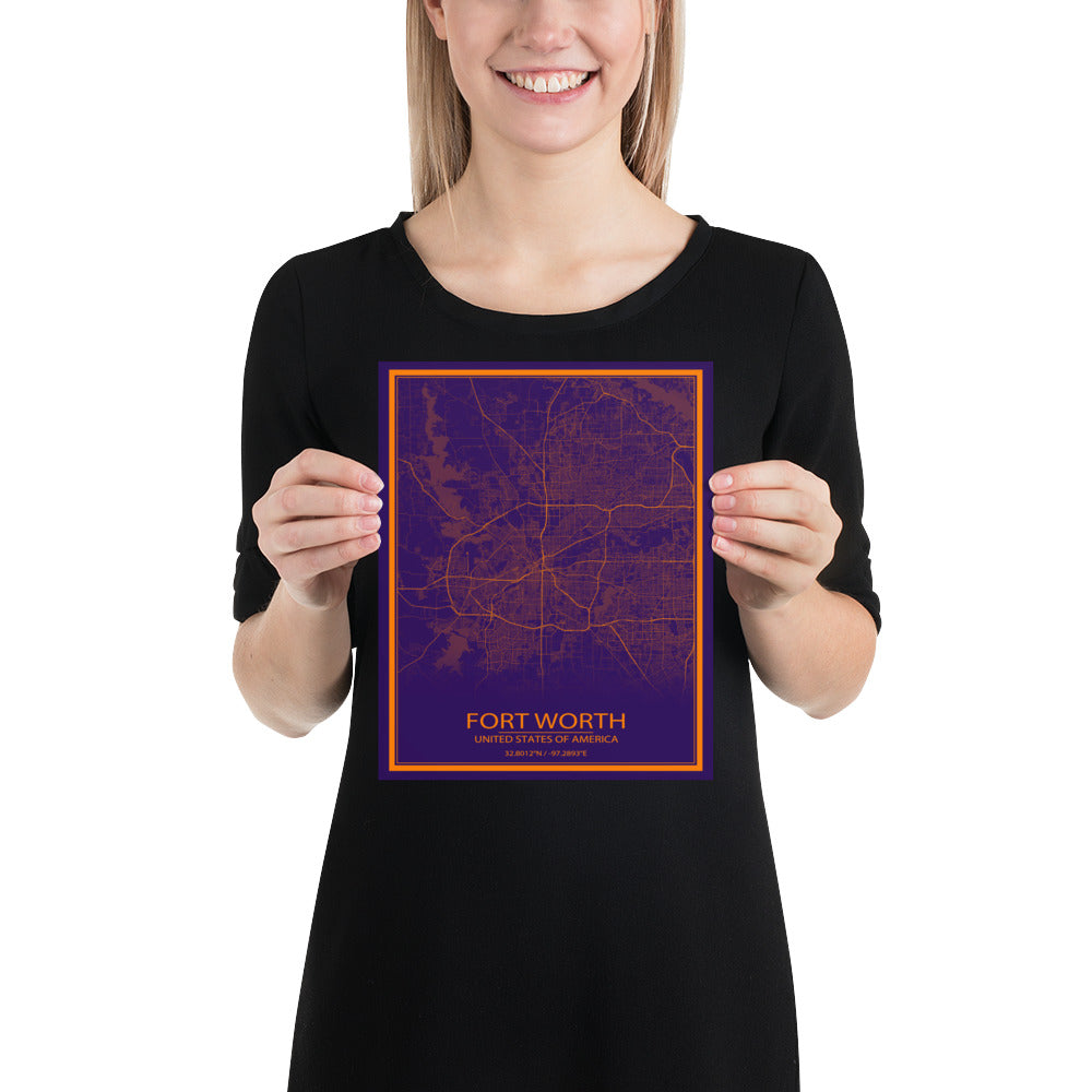 Fort Worth Purple and Orange Paper Map